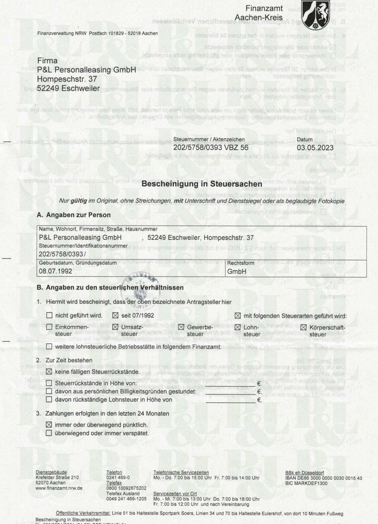 P&L Bescheinigung - Finanzamt Aachen (Seite 1)