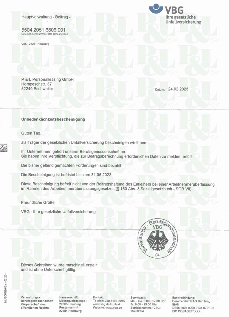 P&L Bescheinigung - Verwaltungs-Berufsgenossenschaft (VBG)