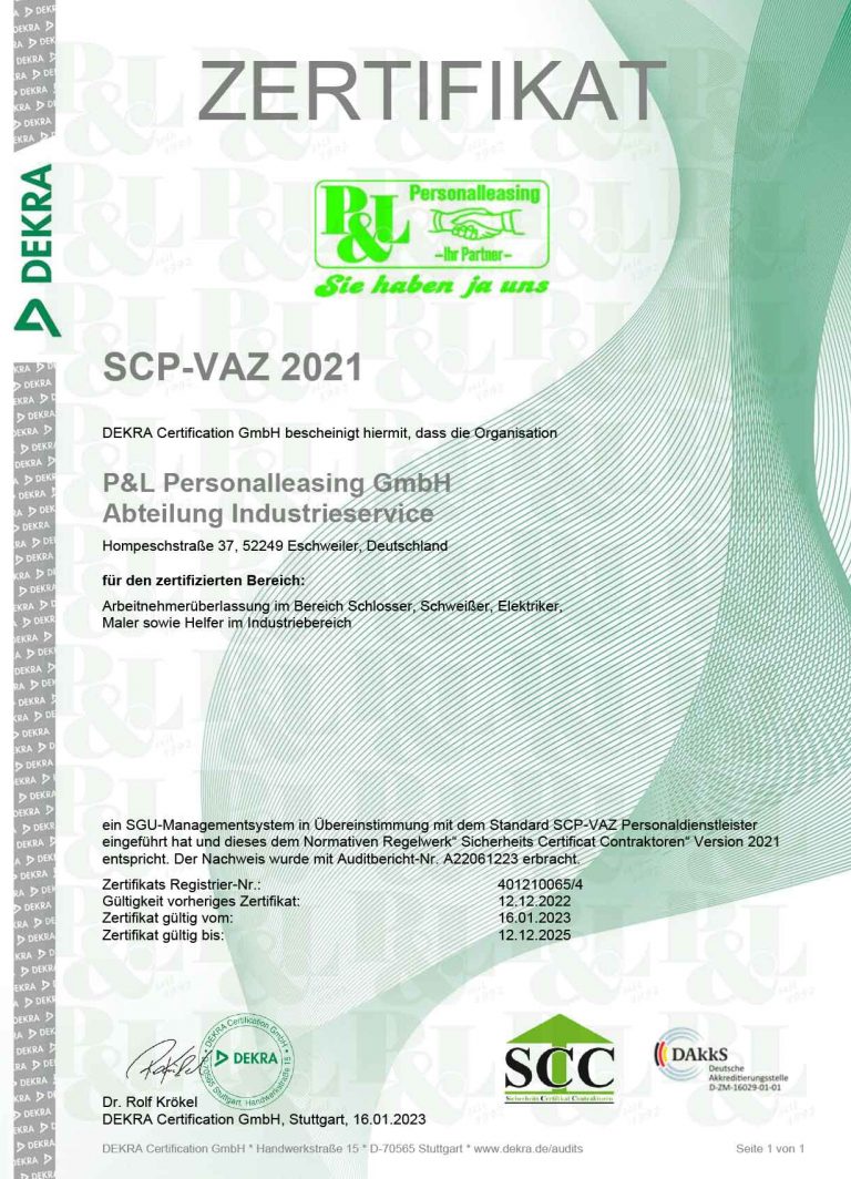 P&L Bescheinigung - DEKRA SCP-VAZ 2021